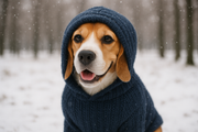 Beagle avec pull bleu marine