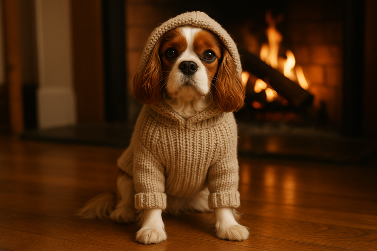 Cavalier King Charles avec pull beige