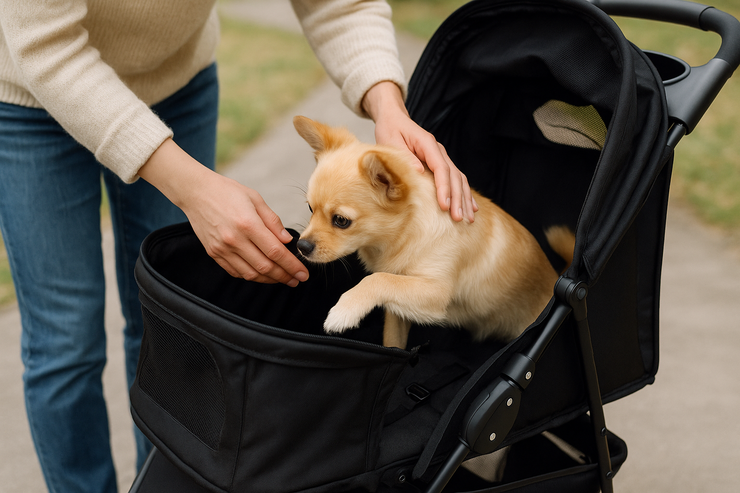 Chien rentrant dans la poussette
